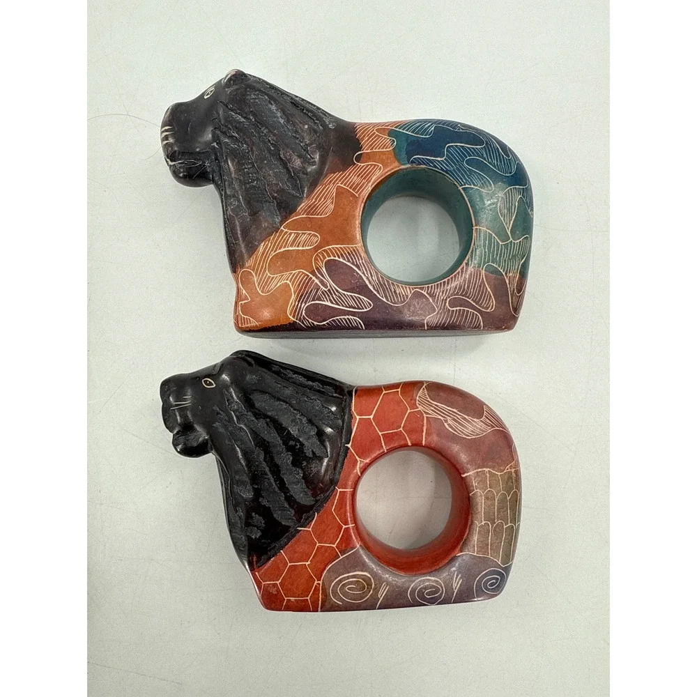 Hand Carved Soap Stone Animal Napkin Rings Set of 8 Kenya Lion Elephant Rhino